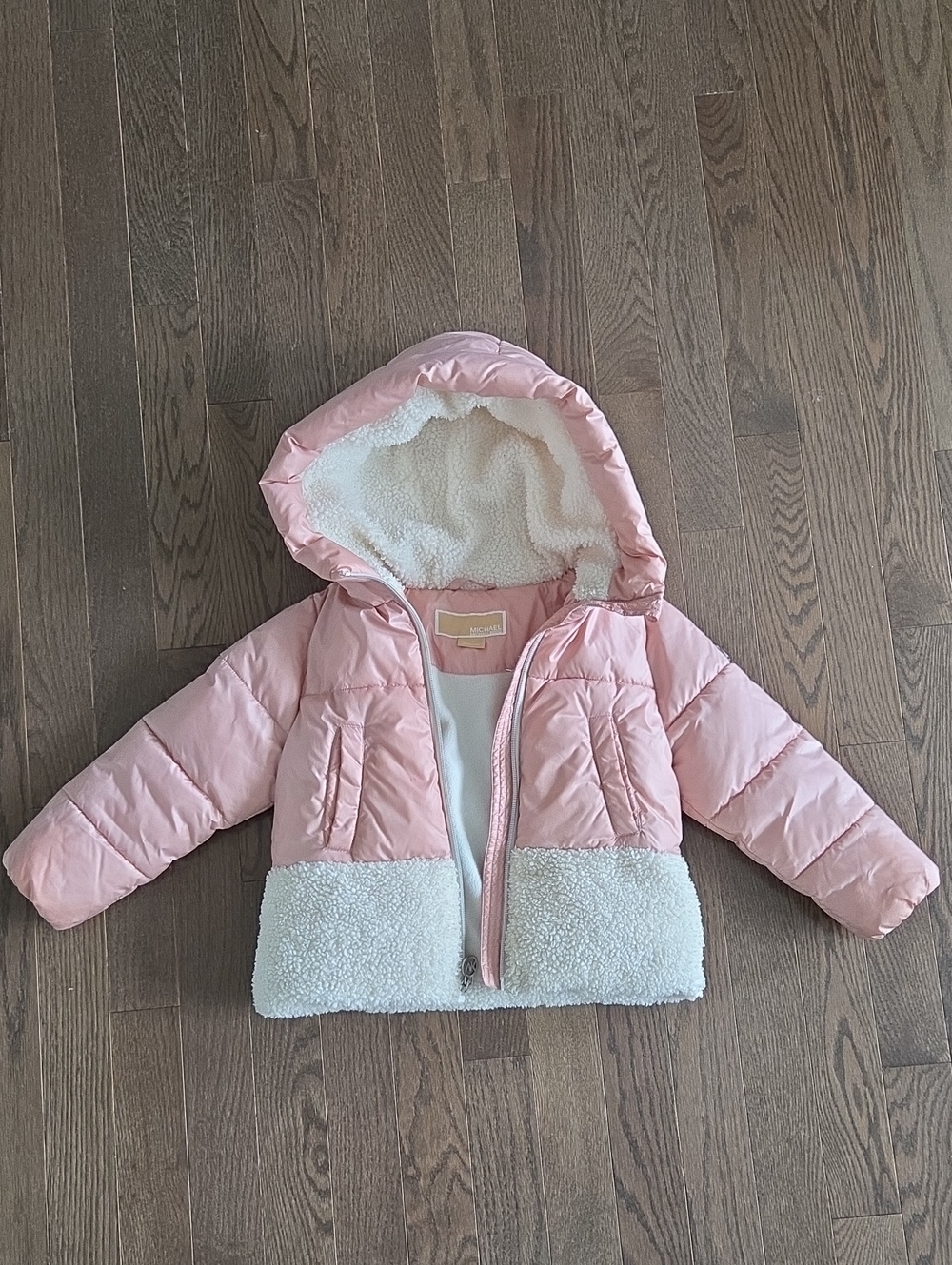 Michael Kors Light Pink Hooded Puffer Coat with White Sherpa Trim